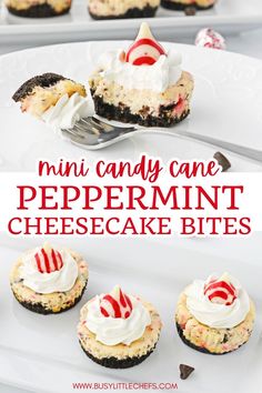 mini candy cane peppermint cheesecake bites on a white plate with a fork