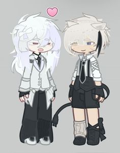 two anime characters with white hair and black clothes, one is holding a cat's tail