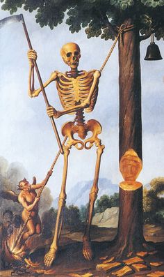 a painting of a skeleton standing next to a tree and holding a stick in it's hand