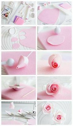 the process for making paper flowers is shown in pink and white, with different shapes