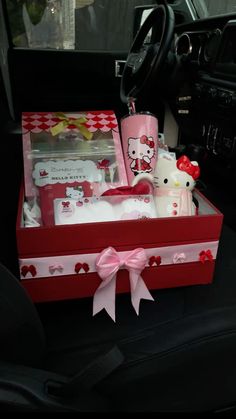 a hello kitty car trunk filled with personal care items and gifts for the girl in your life