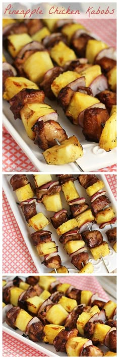 pineapple chicken kabobs on skewers are ready to be cooked and served