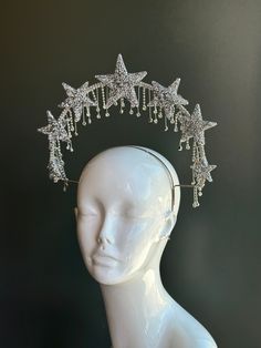 Star Head Piece, Star Goddess Costume, Star Princess Aesthetic, Moon Crown Goddesses, Whimsical Teardrop Crown For Parties, Mystical Adjustable Headpieces For Party, Bohemian Adjustable Crown For Party, Silver Crown Headpiece For Parties, Bohemian Tall Crown For Party