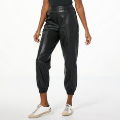 G by Giuliana Pull-On Faux Leather Jogger Pant  Announce your arrival looking powerful (and comfortable) in these sleek faux leather jogger pants. Fitted and tapered legs along with the flattering high-rise design and flat-front elastic waist accentuate your natural shape, making it ready to dress up or down for any day of the week. Trendy Tapered Leg Joggers For Fall, Casual Polyurethane Leather Pants For Night Out, Spring Casual Tapered Leg Leather Pants, Casual Faux Leather Pants For Work, Fall Casual Tapered Leg Leather Pants, Tapered Leg Leather Pants, Faux Leather Bottoms With Elastic Waistband For Fall, Fall Faux Leather Bottoms With Elastic Waistband, Fall Leather Pants With Elastic Waistband For Work