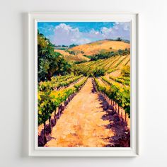 an oil painting of a vineyard in the hills