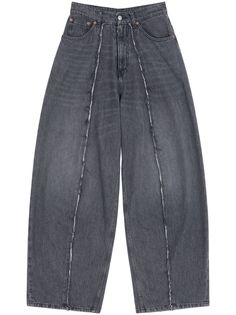 dark grey cotton denim frayed detailing belt loops logo patch to the rear wide leg button fly fastening classic five pockets Mode Kimono, Glam Slam, Cotton Jeans, Yoko London, High Neck Sweater, Mm6 Maison Margiela, Fashion Line, Denim Trousers, Grey Cotton