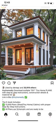 a small white house with lots of windows on the front and side of it's porch