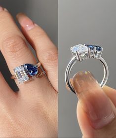 two different views of an engagement ring, one with three stones and the other without