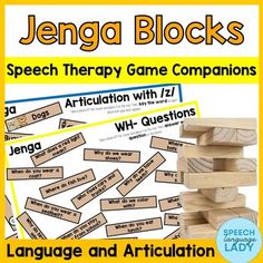 Game Companion for Speech Therapy - Jenga Blocks Language and Articulation Jenga Speech Therapy, Therapy Jenga, Speech Classroom Decor, Speech Pathology Activities, Speech Classroom, Therapy Crafts, Articulation Therapy Activities, Language Concepts, Speech Therapy Crafts