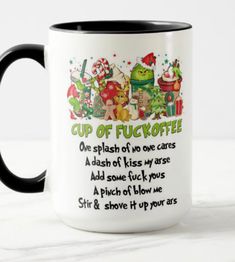 a coffee mug with the words cup of fuckoffe on it and an image of elves