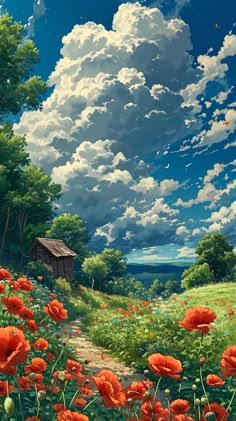 a painting of a field with red flowers and a small cabin in the distance under a cloudy blue sky