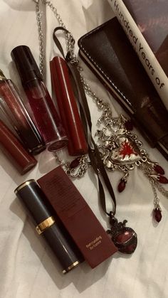 Makeup Items Aesthetic, Red Brown Aesthetic, Goth Items, Dark Red Lipstick, Victorian Vibes, Maroon Aesthetic, Burgundy Aesthetic, Red Aura, Cherry Wine