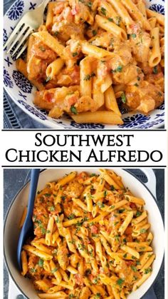 two pictures with different types of food in them and the words southwest chicken alfredo on top