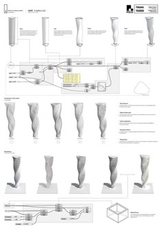 an architectural drawing shows the details of different types of vases and their corresponding materials