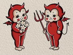 two red devil babies holding flowers and a pitchfork