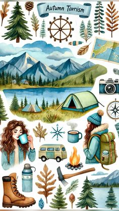 an illustrated sticker sheet with various items for camping in the mountains and trees, including water