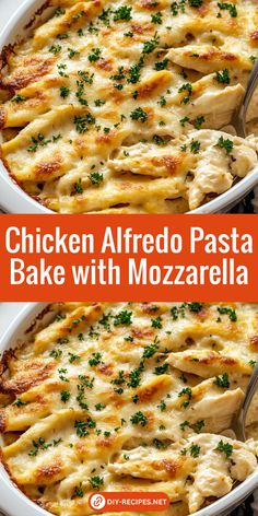 chicken alfredo pasta bake with mozzarella and parsley