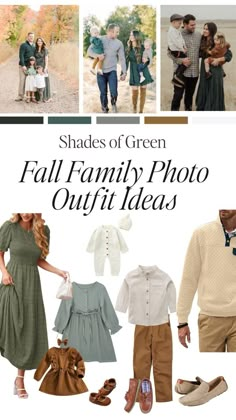 the cover of shades of green fall family photo outfit ideas book, with pictures of people in different outfits