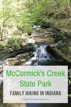 a creek in the middle of a forest with text overlay that reads, mccomrick's creek state park family hiking in indiana