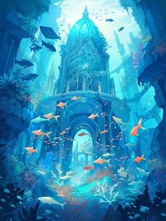 an underwater castle surrounded by fish and plants