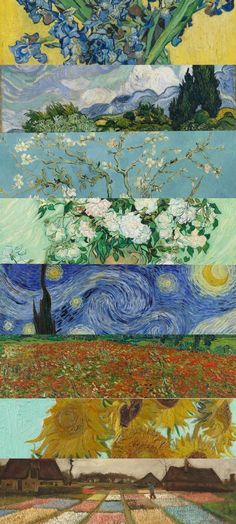 four different paintings with flowers and trees in the middle one is blue, green, yellow and white