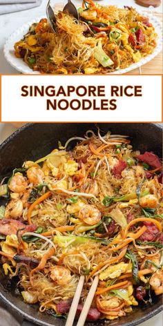 an image of food in a pan with chopsticks on the side and singapore rice noodles