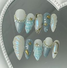 Mermaid Nail Art, Seashell Nails, Sea Nails, Cute Simple Nails, Acrylic Press On Nails, Summery Nails, Mermaid Nails