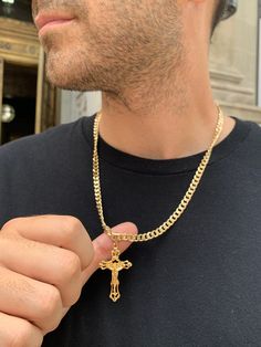 6mm Gold Filled Curb Chain with Cross Pendant. Lux men's statement pieces designed to wear alone, layered, or enhanced with our collection of charms! Sleek and timeless pieces made to become his favorite go-to accessory. Make this the perfect gift for him!  Cross can easily slide off so the necklace can be worn with or without. Our Gold-Filled accessories are tarnish resistant made to last and be worn all day, every day. ♥ Hypoallergenic, water and sweat resistant ♥ No discoloring or tarnishing ♥ Handmade in the USA ♥ Shipped within 24 hours ♥ Finished with Real 18K Gold  Charm Dimensions: Width: 1.000mm Height: 19.000mm Length: 11.000mm Available in Kids and Adults. Men's Size:  Men's X-Small: 20"  Men's Small: 22"  Men's Large: 24" Recommended  Kid's Size:  Newborn - 1 Year: 12" (Include Gold Rosary Necklace For Men, Mens Solid Gold Cross Necklace, Gold Cross Pendant For Men, Gold Crucifix Necklace Men, Cross Necklace Mens, Marinette Et Adrien, Gold Cross Necklace Mens Jewelry1000.com, Catholic Necklace, Mens Cross Necklace