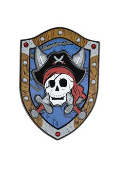 a pirate skull and crossbones on a blue shield with red eyes is shown