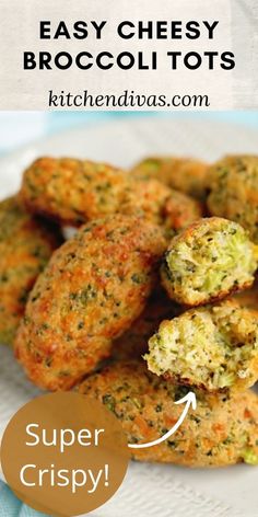 broccoli tots on a white plate with the words easy cheesy broccoli tots