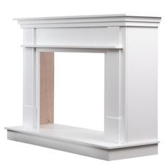 a white fireplace mantel with wooden paneling on the top and bottom part, against a white background