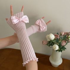 This price is for a pair of sleeves only, others are not included. Knitted Bow, Festival Chic, Acrylic Fiber, Y2k Pink, Long Gloves, Black White Pink, Knitted Gloves, Arm Sleeve, Fashion Pattern