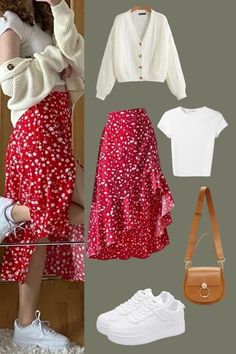 Spring Outfits Skirts Short, Red Wrap Skirt Outfit, Vintage White Skirt Outfit, Ruffled Skirt Outfit Ideas, Red And White Skirt Outfit, Outfit With White Cardigan, Outfits With Red Skirt, Casual Skirt Outfits Short, Skirt And Sneaker Outfit