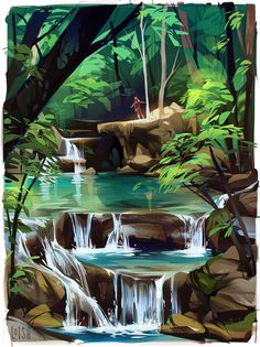 a painting of a waterfall in the woods