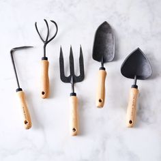 five garden tools lined up on a marble surface