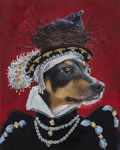 a painting of a dog with a bird nest on its head