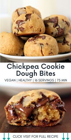 chocolate chipped cookie dough bites are stacked on top of each other with the words, click