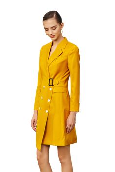 Ginger Yellow Double-breasted Coat Short Sleeve Dress Peak lapel; double-breasted button front. Three quarter sleeves Asymmetric hem hits about at the knee. Sheath silhouette. Wool 50% Polyester 50% Lining, silk/spandex. Dry clean Item No.: 203151Q1 Fitted Summer Outerwear With Double Button Closure, Yellow Knee-length Office Dress, Spring Double-breasted Belted Blazer Dress, Fall Double-breasted Dress With Button Closure, Yellow Button Closure Dress For Fall, Tailored Spring Dress With Belt, Spring Tailored Belted Dress, Tailored Belted Dress For Spring, Yellow Fall Dress With Button Closure