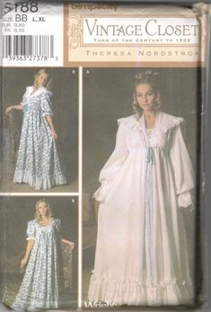 Simplicity   5188 Misses Nightgown and Robe - Turn of the Century to 1925 Vintage Closet Design Theresa Nordstrom Size L (18 - 20); XL (22 - 24) Bust    40 - 42; 44 - 46 Waist  32 - 34 37 - 39 Hip      42 - 44; 46 - 48 This pattern is uncut and factory folded.   The marked envelope has tattering and is split on one side.  OR Size: XS (6-8); SM (10 - 12); MD (14 -16)  Bust: 30 1/2 - 31 1/2 - 32 1/2 - 34 - 36 -38  Waist: 23 - 24 - 25 - 26 1/2 - 28 - 30  Hip: 32 1/2 - 33 1/2 - 34 1/2 - 36 - 38 - 40 Nightgown And Robe, Victorian Nightgown, Nightgown Pattern, Costume Sewing, Nightgown Robe, Patron Vintage, Women's Sewing Pattern, Costume Sewing Patterns, Vintage Closet