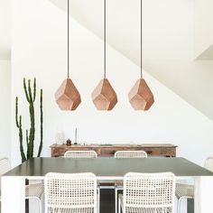 a dining room table with four chairs and three hanging lights above it, in front of a cactus