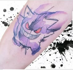 a watercolor style pokemon tattoo on the right arm and leg, with red eyes