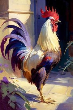 a painting of a rooster standing on the ground in front of a building with purple flowers