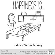 a cartoon drawing of a person standing in front of a table that says happiness is