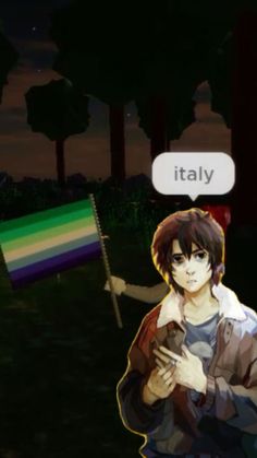 an animated image of a man holding a rainbow flag with the word italy above it