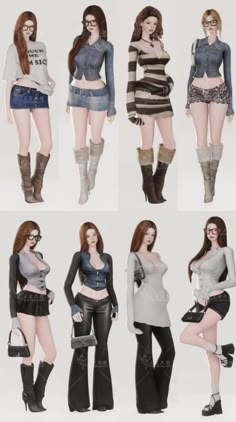 six different poses of women in short skirts and boots