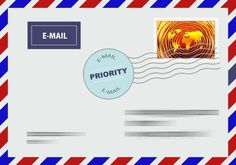 a mail envelope with an e - mail stamp on it and the word priority printed in red, white, and blue