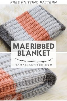 two crocheted blankets with text overlay that reads free knitting pattern made ribbed blanket