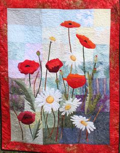 a painting of red and white flowers in a vase