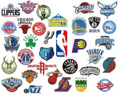 many different sports logos are shown in this image, including basketballs and other sports related items