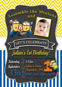 the minions birthday party is set up in blue, yellow and white stripes with an image of